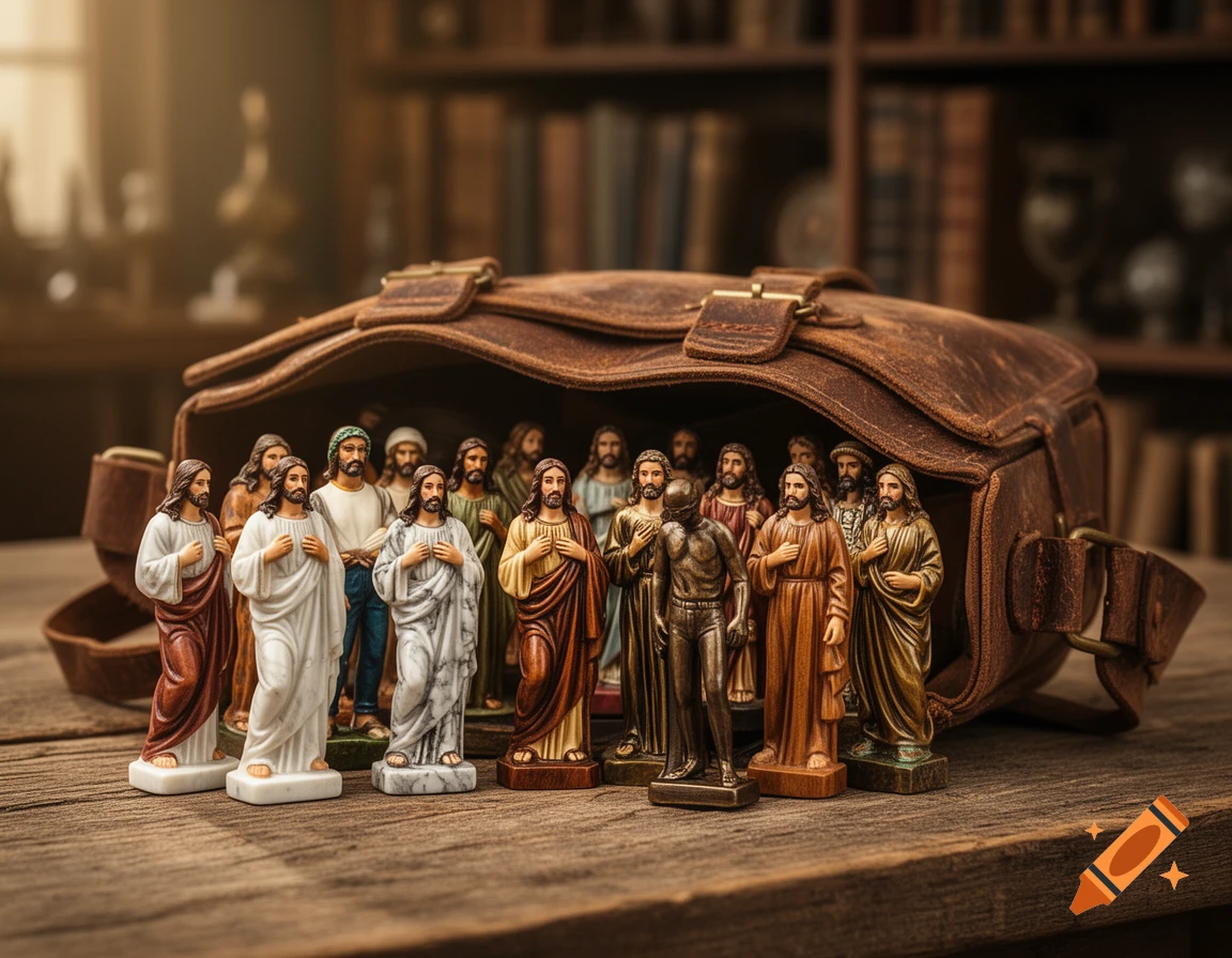 Many religious statuettes of Jesus-like figures emerge from a brown leather satchel on a wooden table, with blurred bookshelves behind.