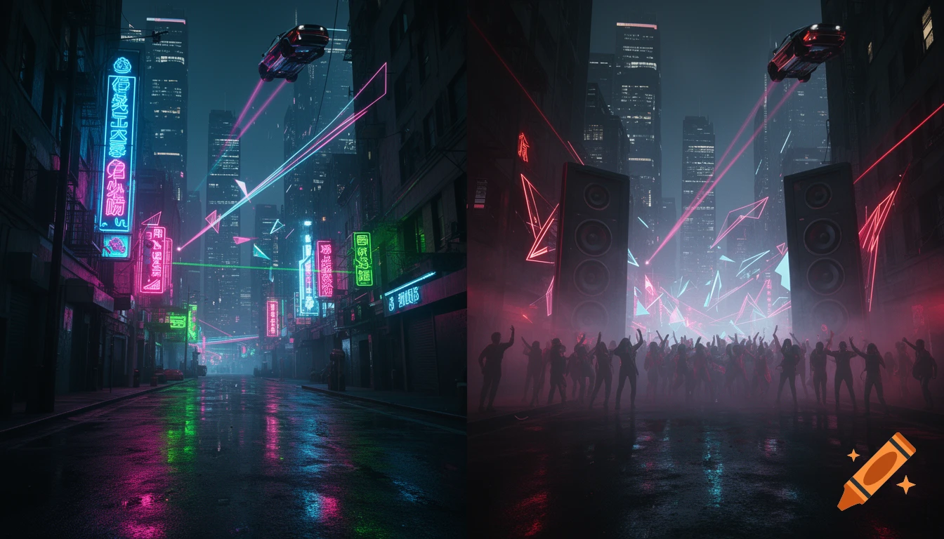 A split image of a neon-lit cyberpunk city street with a flying car, and a foggy laser rave with a dancing crowd and large speakers.