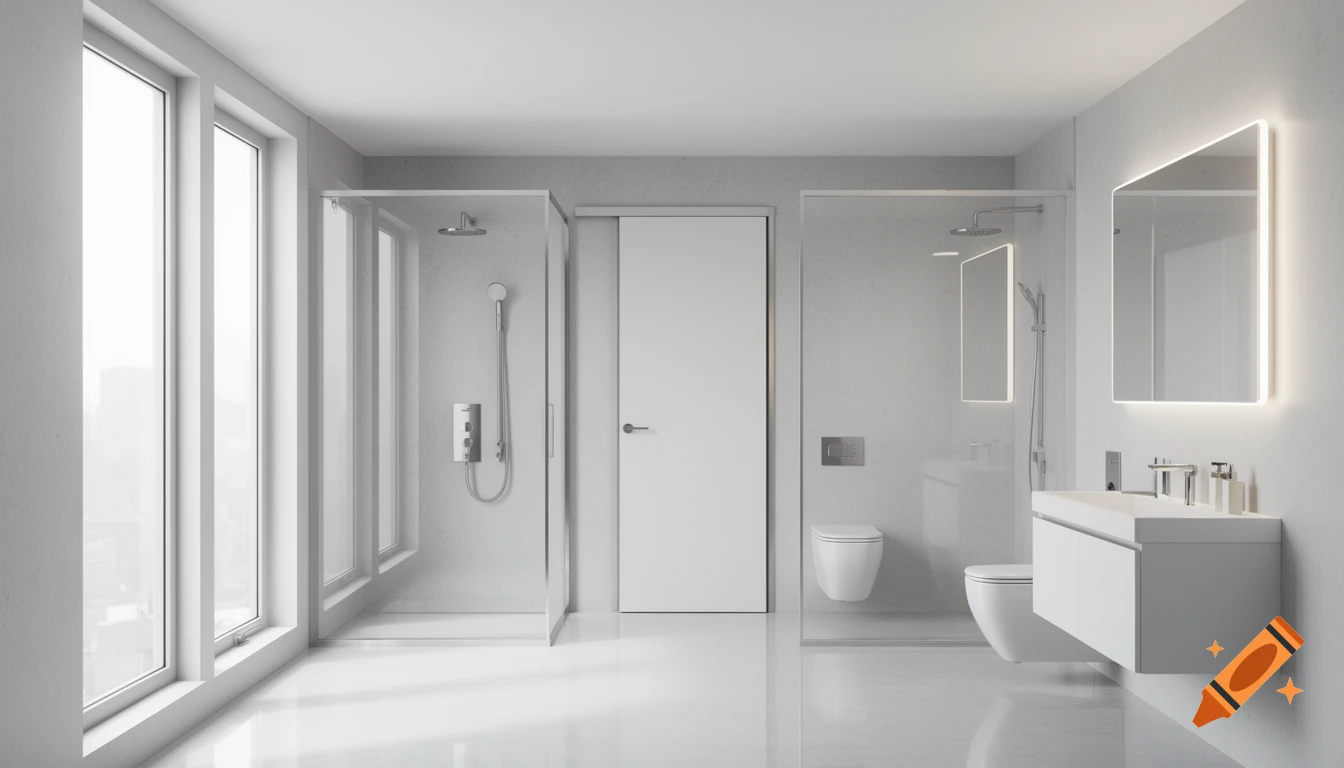 Bright, modern minimalist bathroom with large windows, two showers, two toilets, a floating vanity with a sink, and an illuminated mirror.