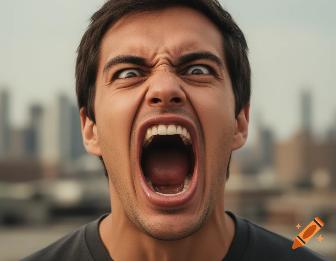 Close-up photorealistic portrait of a man screaming with an extremely wide-open mouth and contorted face against a blurred city background.