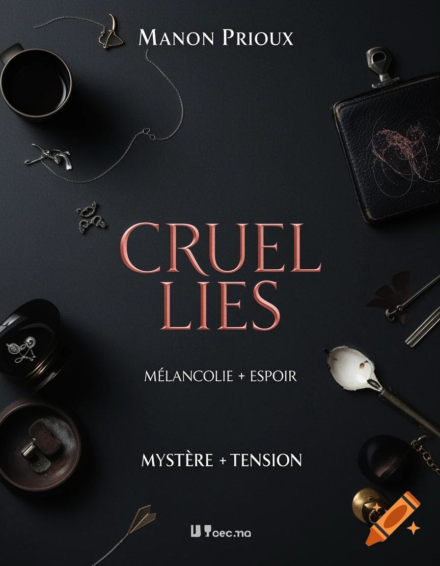 Overhead view of a dark book cover for 'Cruel Lies' by Manon Prioux, featuring metallic objects, chains, and a cup scattered around the title.