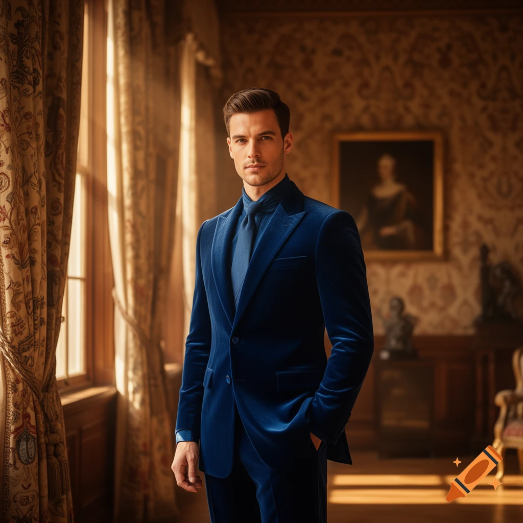 A photorealistic portrait of a man in a blue velvet suit standing in a luxurious room with patterned wallpaper and large windows.
