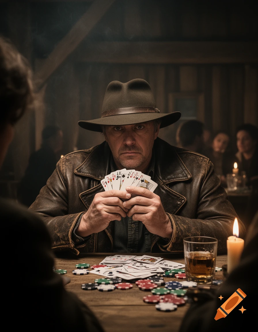 A man in a hat and leather jacket intently holds a hand of cards, surrounded by poker chips, scattered cards, and a glass of amber liquid on a rustic wooden table in a dimly lit room with a flickering candle.