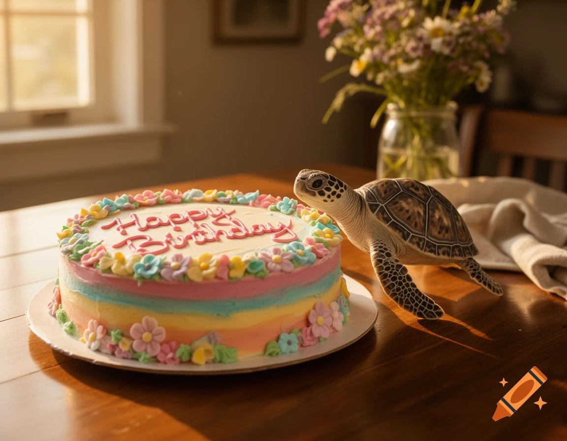 A realistic turtle stands next to a colorful birthday cake with "Happy Birthday" written on it, on a wooden table.