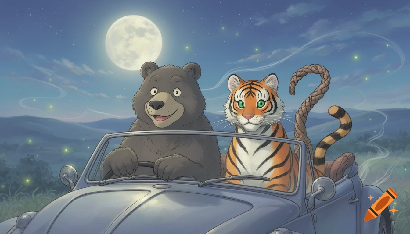 Cartoon bear and tiger driving a convertible car at night under a full moon, with fireflies in the background.