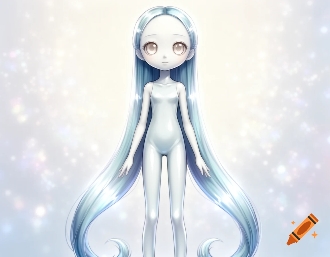 A stylized, doll-like figure with pale skin, enormous eyes, and very long, light blue hair, wearing a simple white outfit, against a glowing, bokeh background.