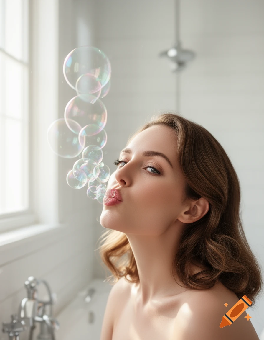 A photorealistic portrait of a woman in a bright bathroom, pursing her lips to blow iridescent soap bubbles.