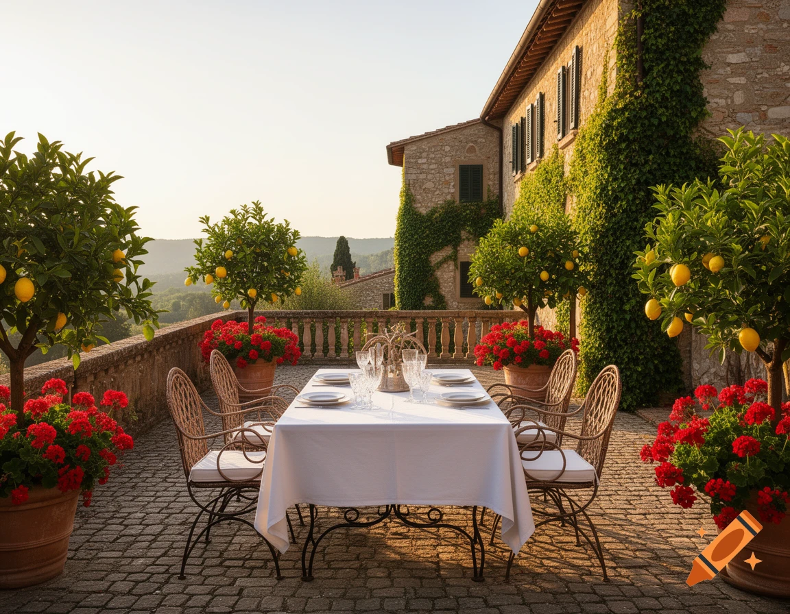 Elegant outdoor dining table on a stone terrace with lemon trees and red flowers, overlooking a valley at sunset, next to a stone villa.