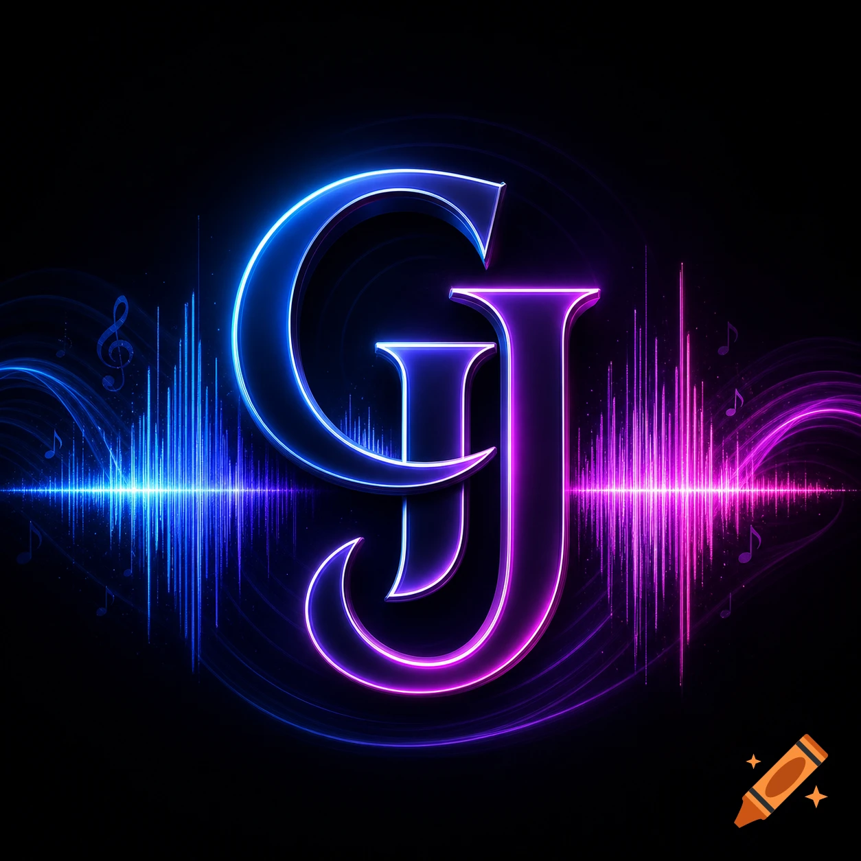 Neon blue and purple glowing letters 'GJ' with abstract sound waves and music notes on a black background.