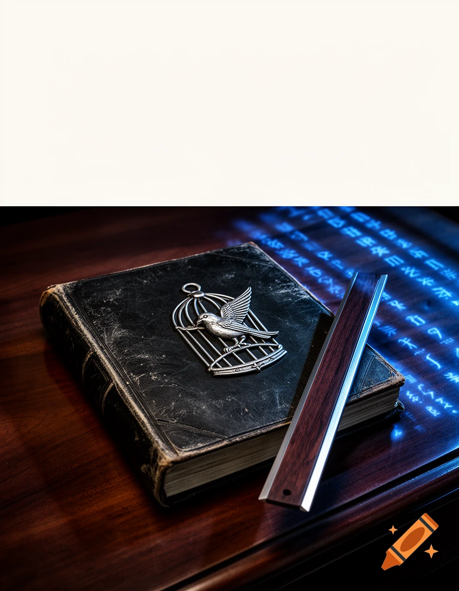 A weathered black leather book with a silver birdcage emblem on a mahogany desk, lit by glowing blue magical runes.
