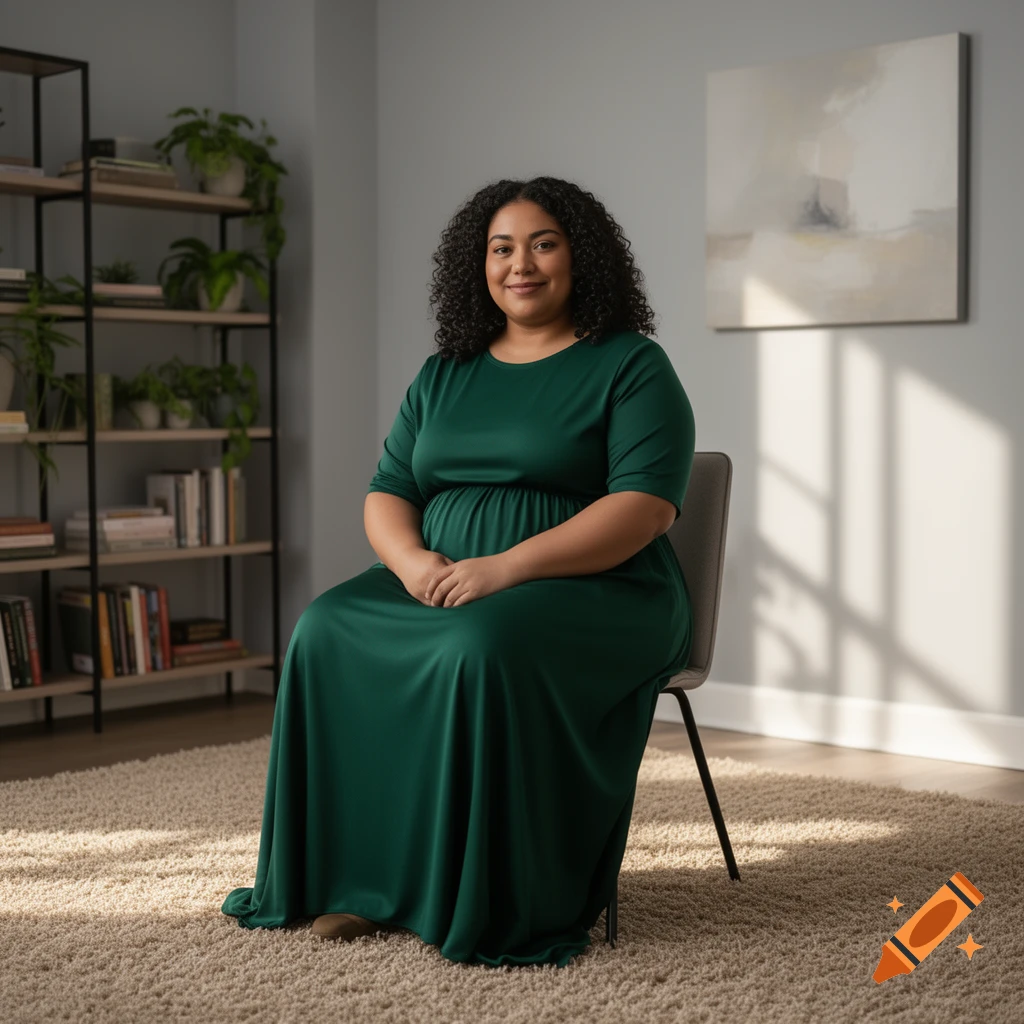 A smiling woman with dark curly hair sits on a chair in a green dress, in a photorealistic indoor setting with a bookshelf and painting.