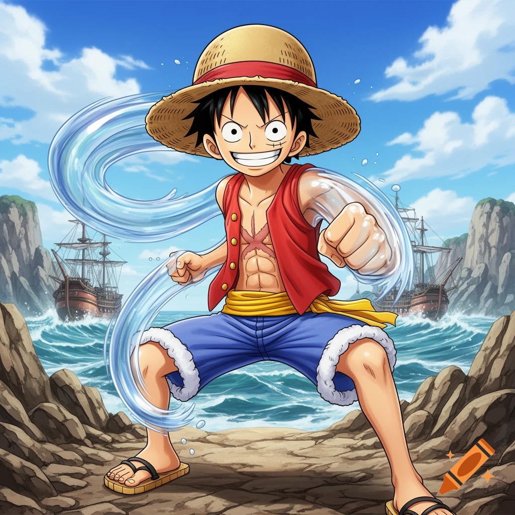Anime character Monkey D. Luffy, wearing a straw hat and red vest, stands on a rocky beach with pirate ships in the background.