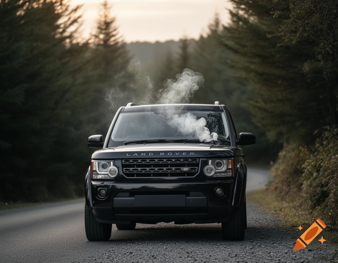 Photorealistic black Land Rover Discovery SUV with smoke from its bonnet, parked on a winding road bordered by tall forest trees.