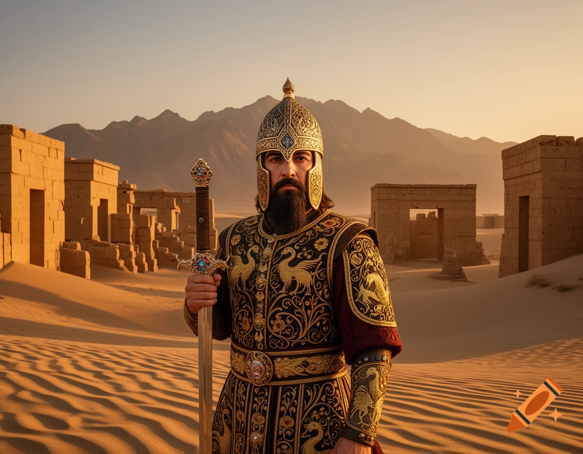 A man in ornate ancient Persian armor and helmet holds a sword, standing in a desert with ruins and mountains at sunset.