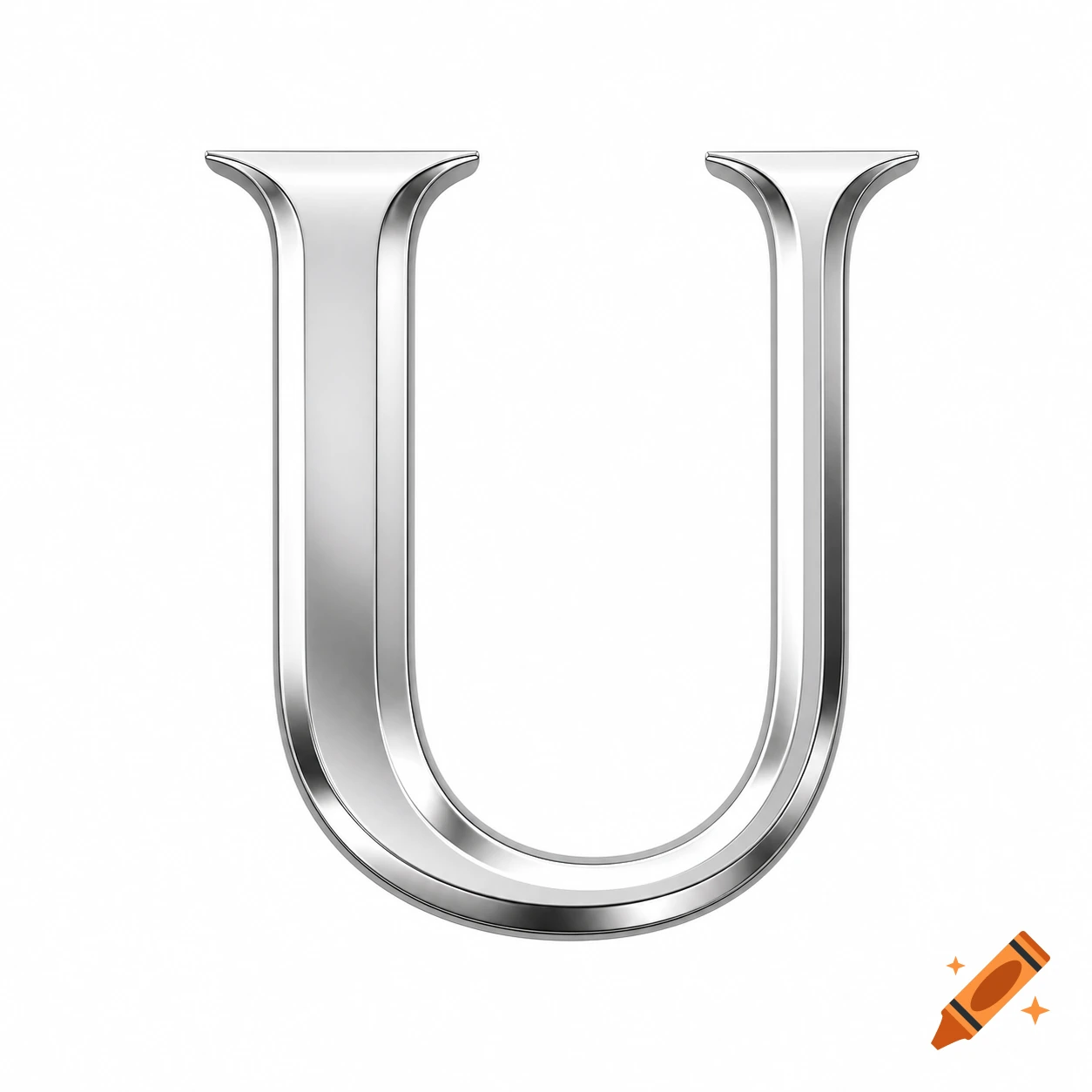 A shiny, silver, metallic uppercase letter U on a white background.