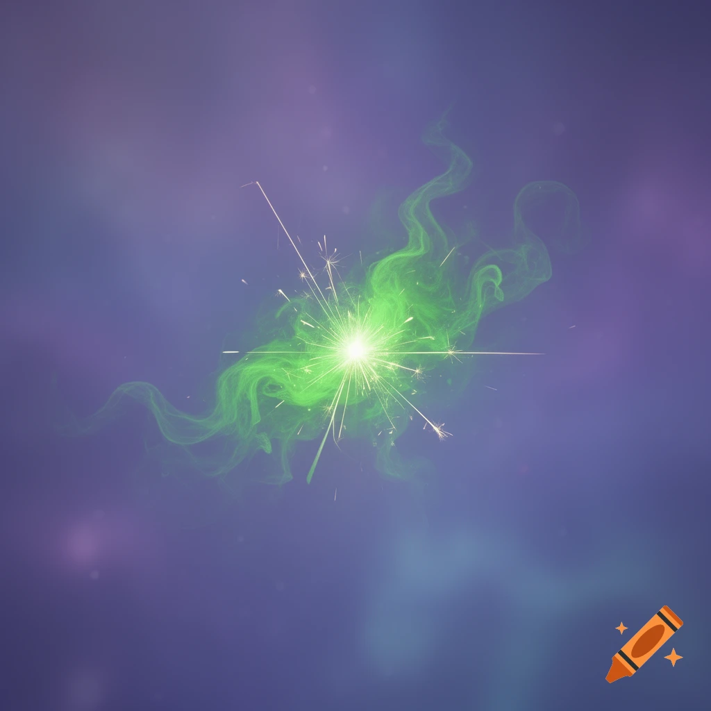 A bright green spark emitting light and wispy smoke on a blurred purple and blue background.