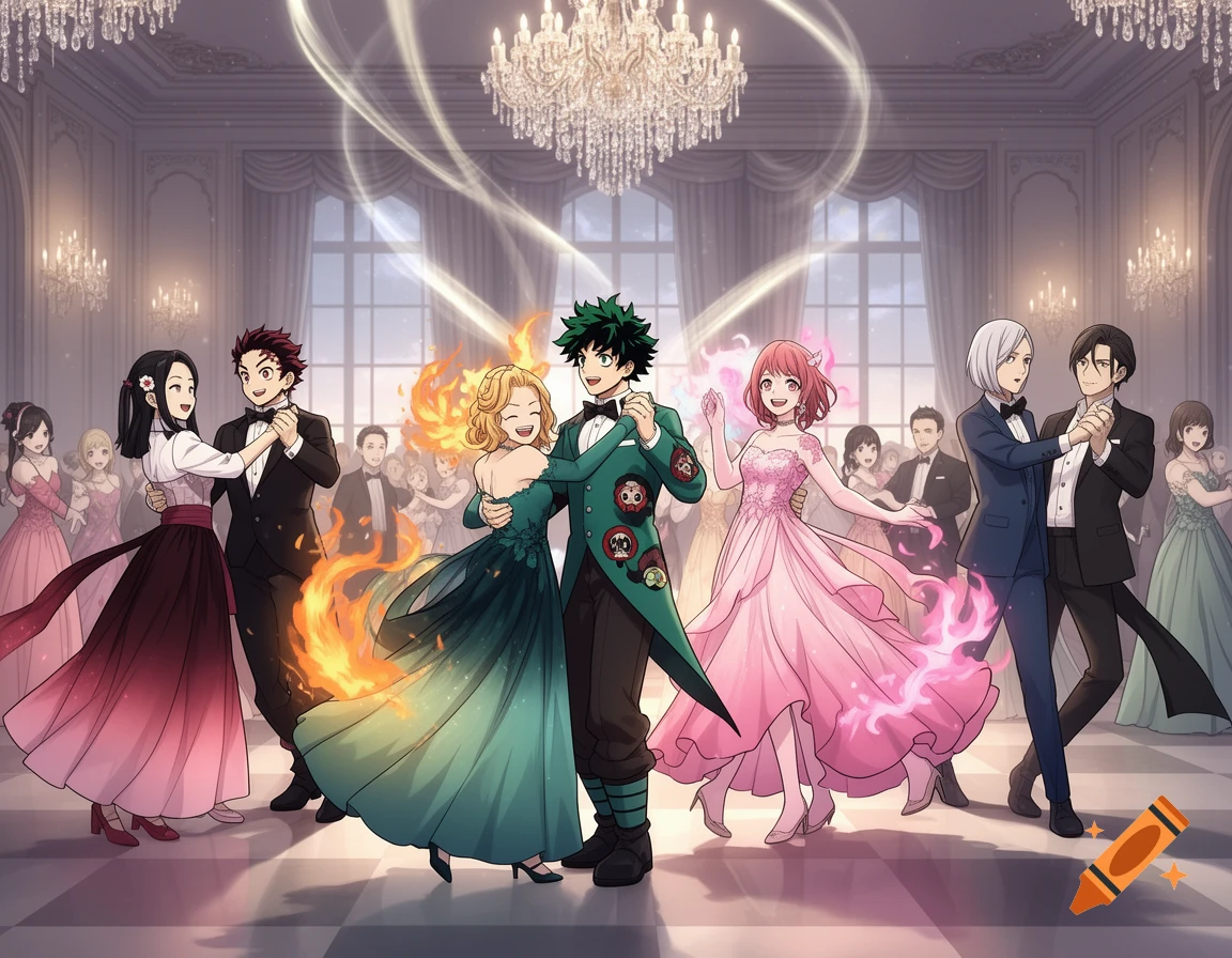 Anime couples from Demon Slayer, My Hero Academia, and Spy x Family dance in a grand ballroom with chandeliers.