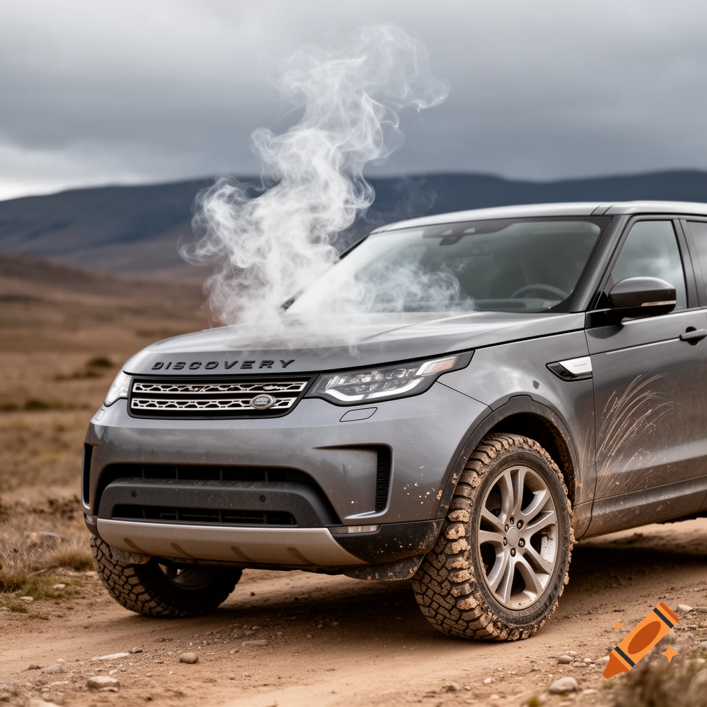 A gray Land Rover Discovery SUV emits smoke from its bonnet on a dirt road, set against a dry, cloudy mountain landscape.