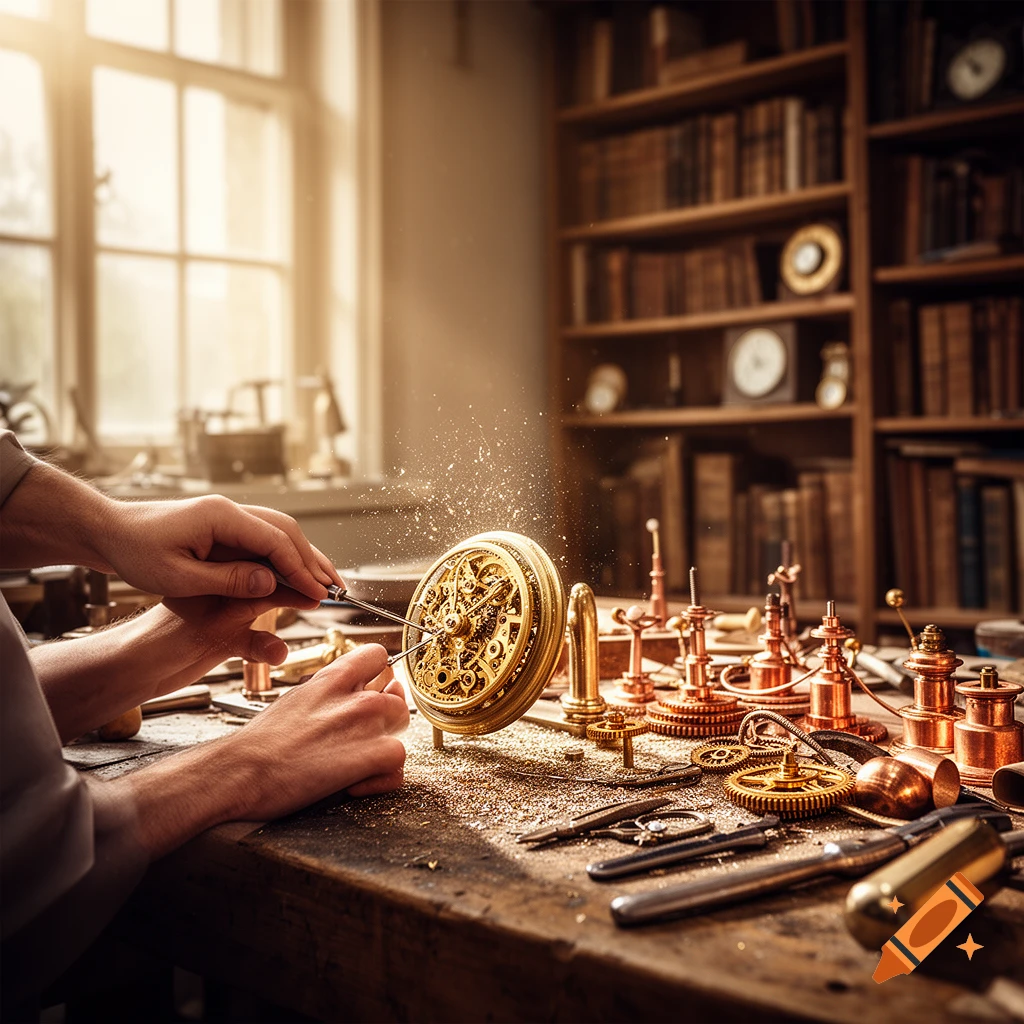 Close-up of hands meticulously assembling a golden clock mechanism on a dusty workbench in a sunlit workshop.