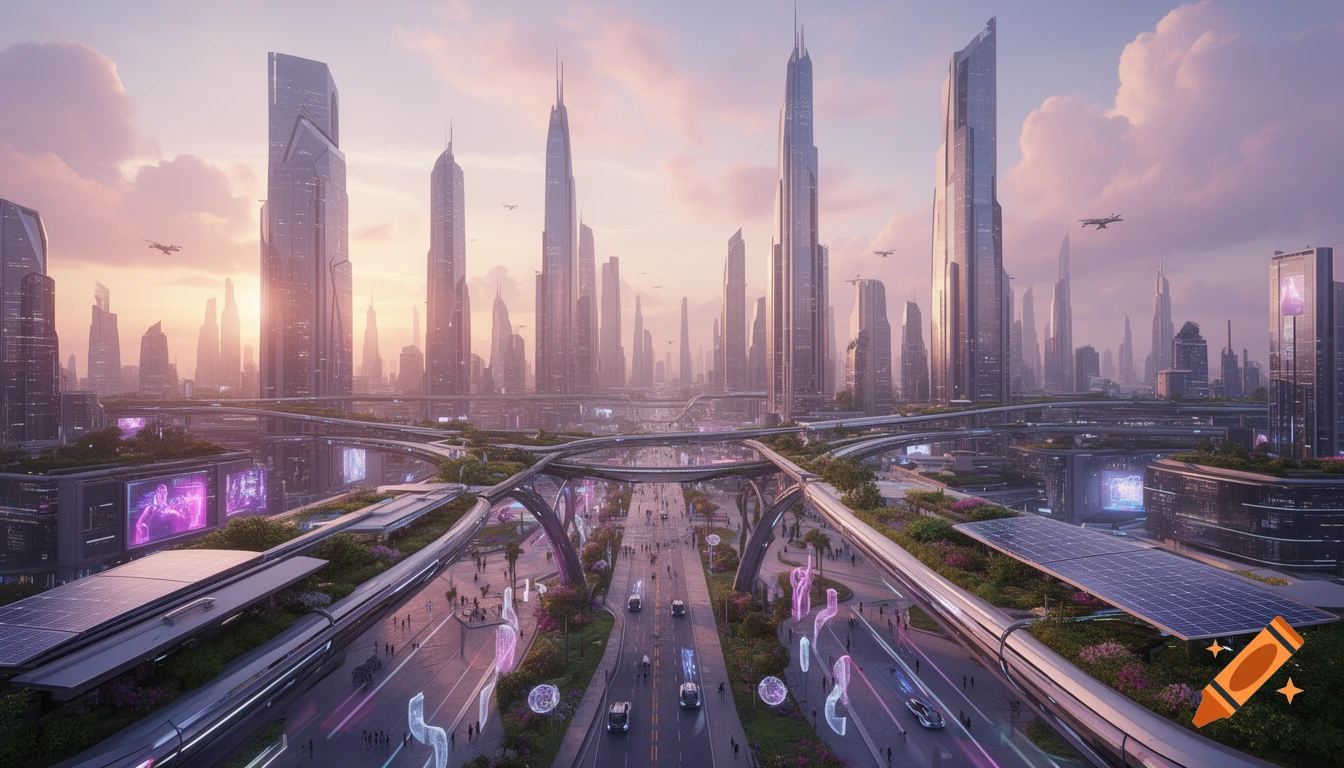 A sprawling futuristic cityscape at sunrise with towering skyscrapers, multi-level roads, flying vehicles, and glowing pathways.