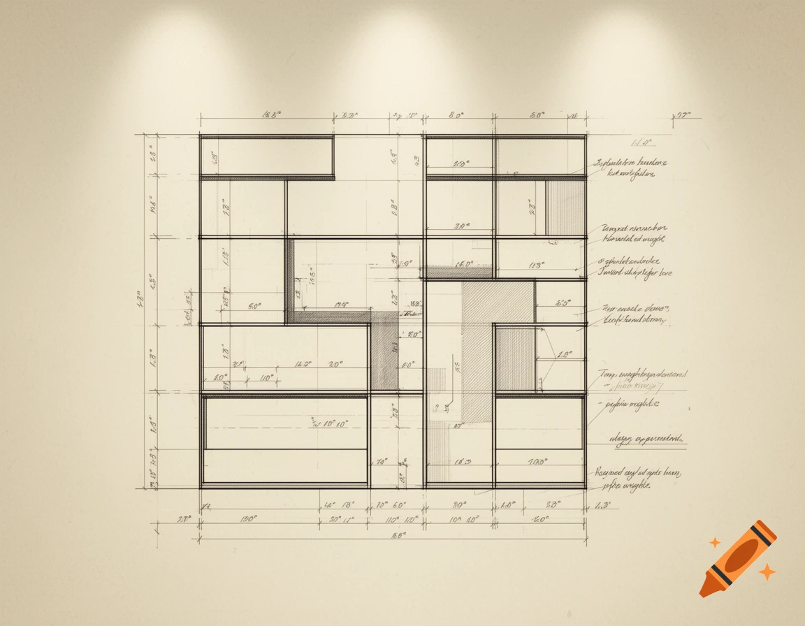 A blueprint-style technical drawing of a shelf plan with measurements on aged, parchment-like paper.
