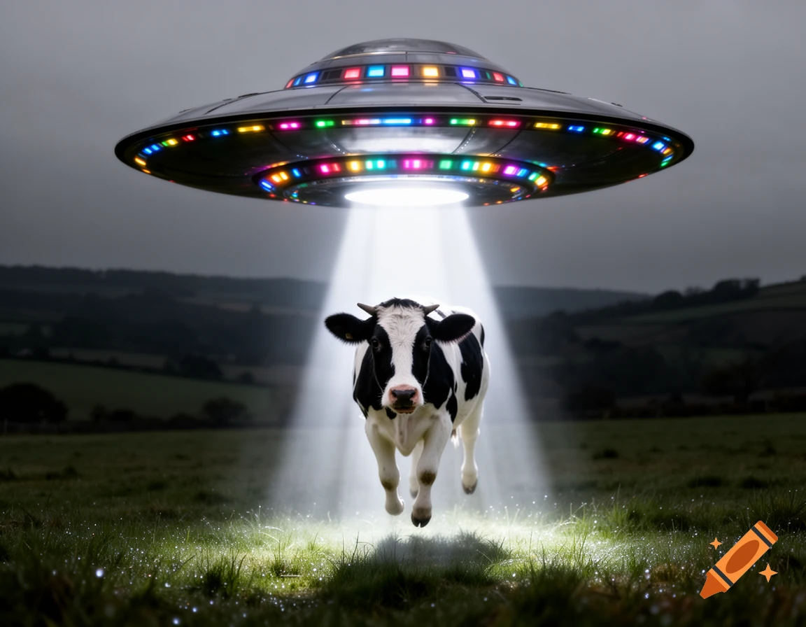 A black and white cow is levitated by a bright beam of light from a colorful UFO hovering over a dark green field.