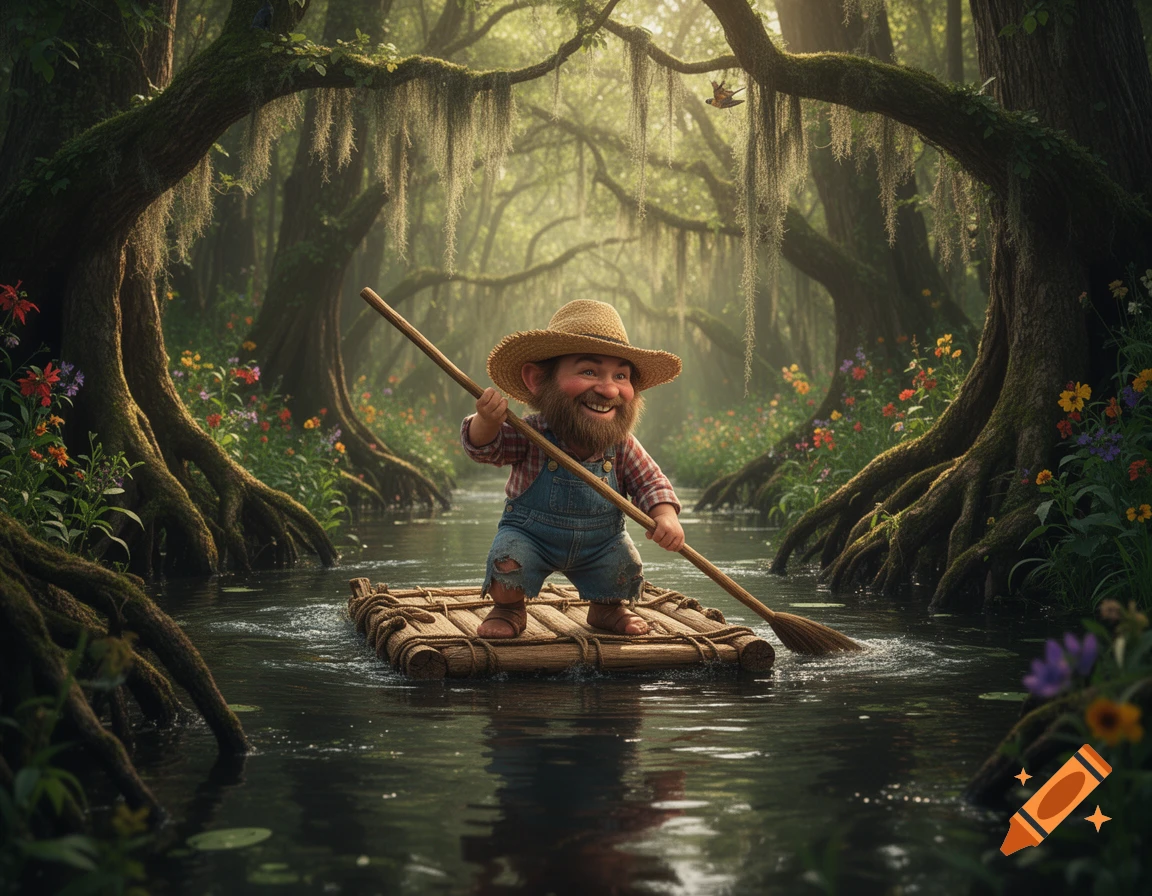 A happy, bearded halfling in a straw hat and overalls paddles a wooden raft down a dark bayou surrounded by lush trees and colorful flowers.