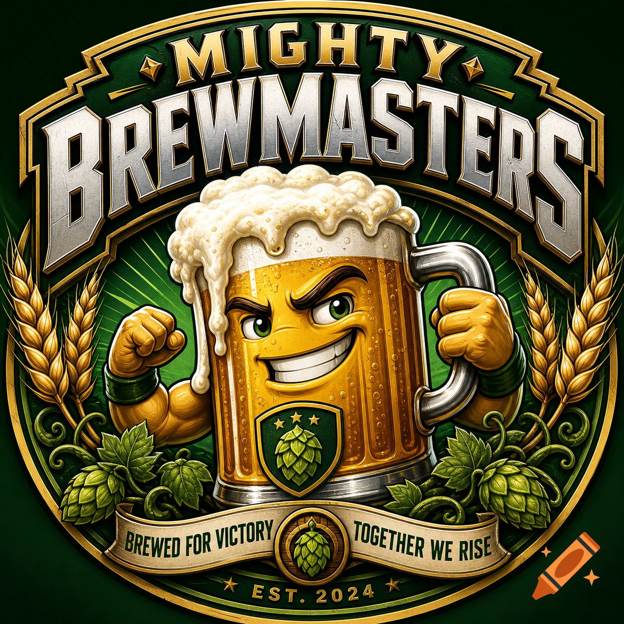 A cartoon beer mug with flexing arms and a cheerful face, centered in a 'Mighty Brewmasters' logo with hops, wheat, and a banner.