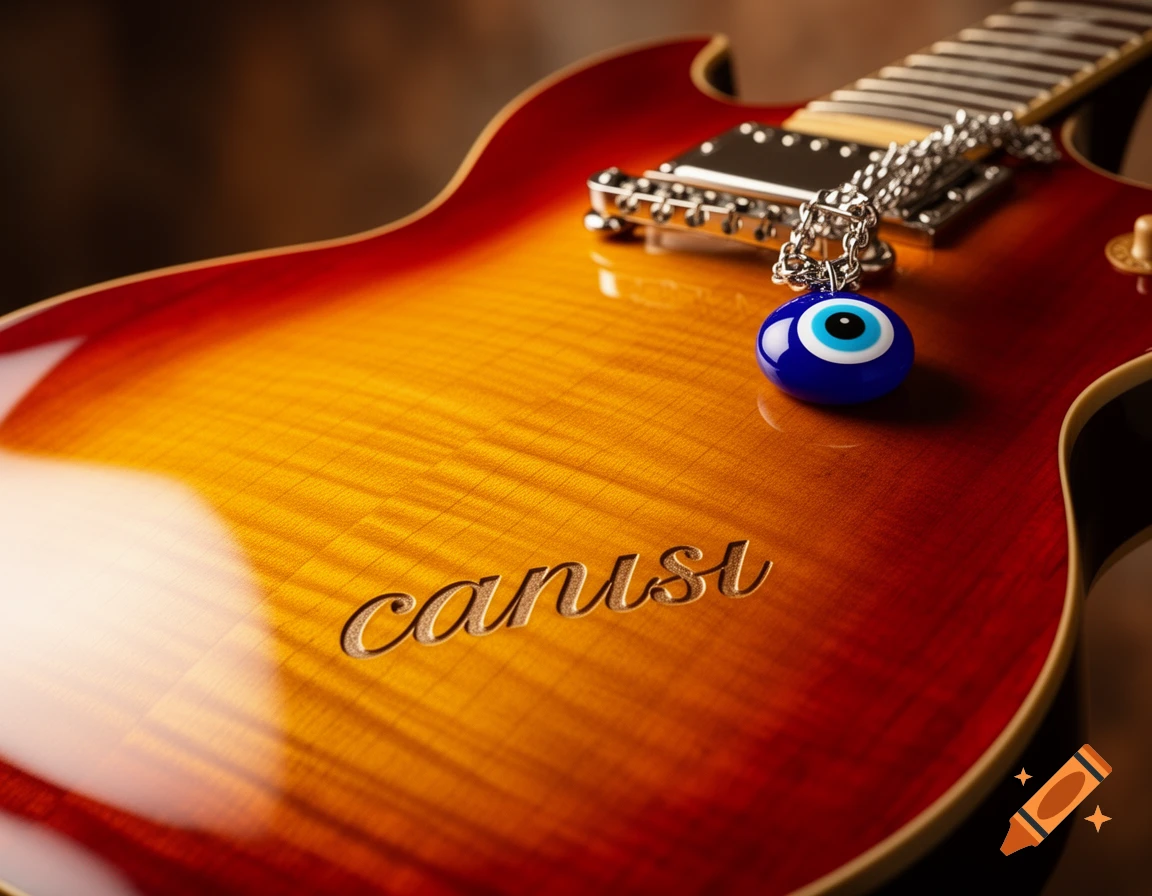 A close-up of a sunburst electric guitar with the word 'canısı' engraved on its body, featuring a blue evil eye charm with a silver chain.