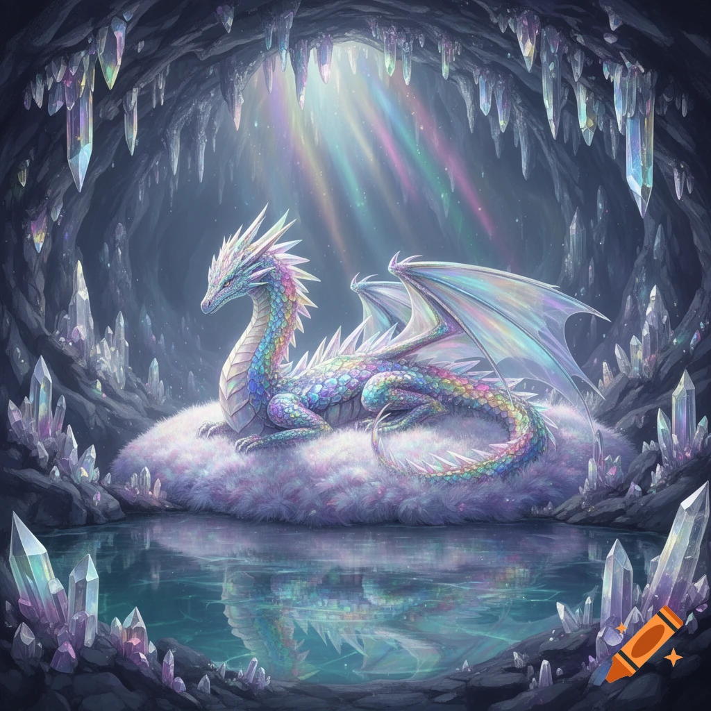 A shimmering crystal dragon with iridescent scales rests on a fluffy cloud inside a dazzling crystalline cave with a reflective pool.