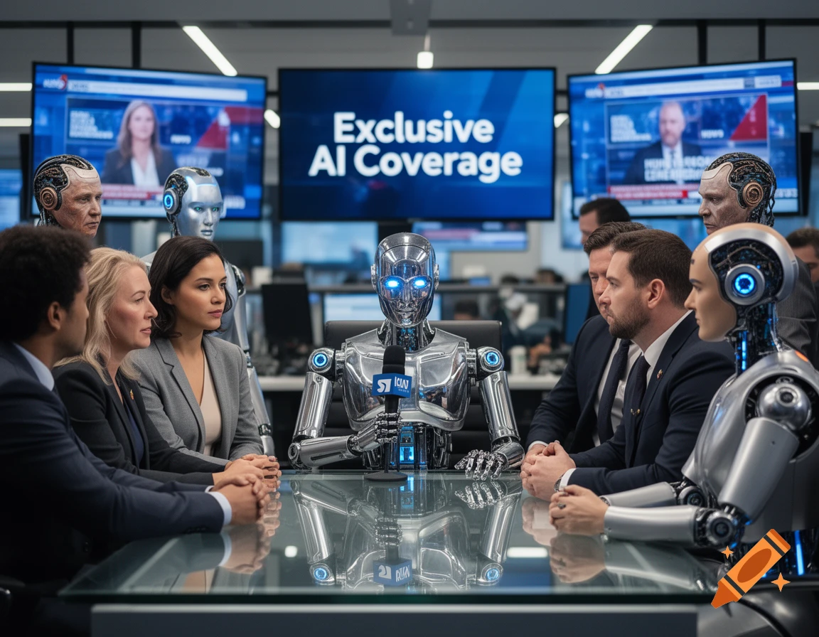 A photorealistic image of a chrome robot interviewing people and other robots at a news desk with 'Exclusive AI Coverage' on a screen.
