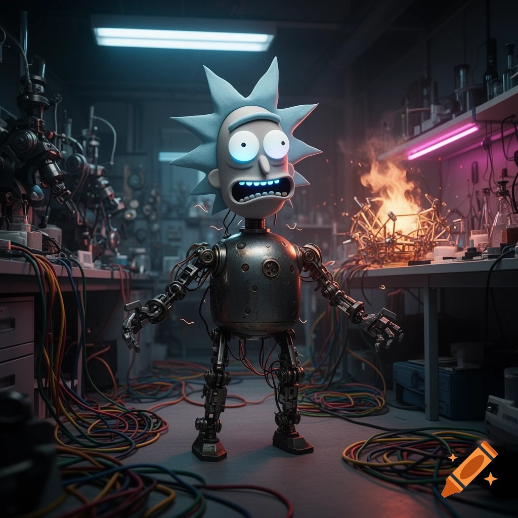 A robot with Rick Sanchez's head stands in a messy, sparking laboratory, looking surprised at a fire on a workbench.