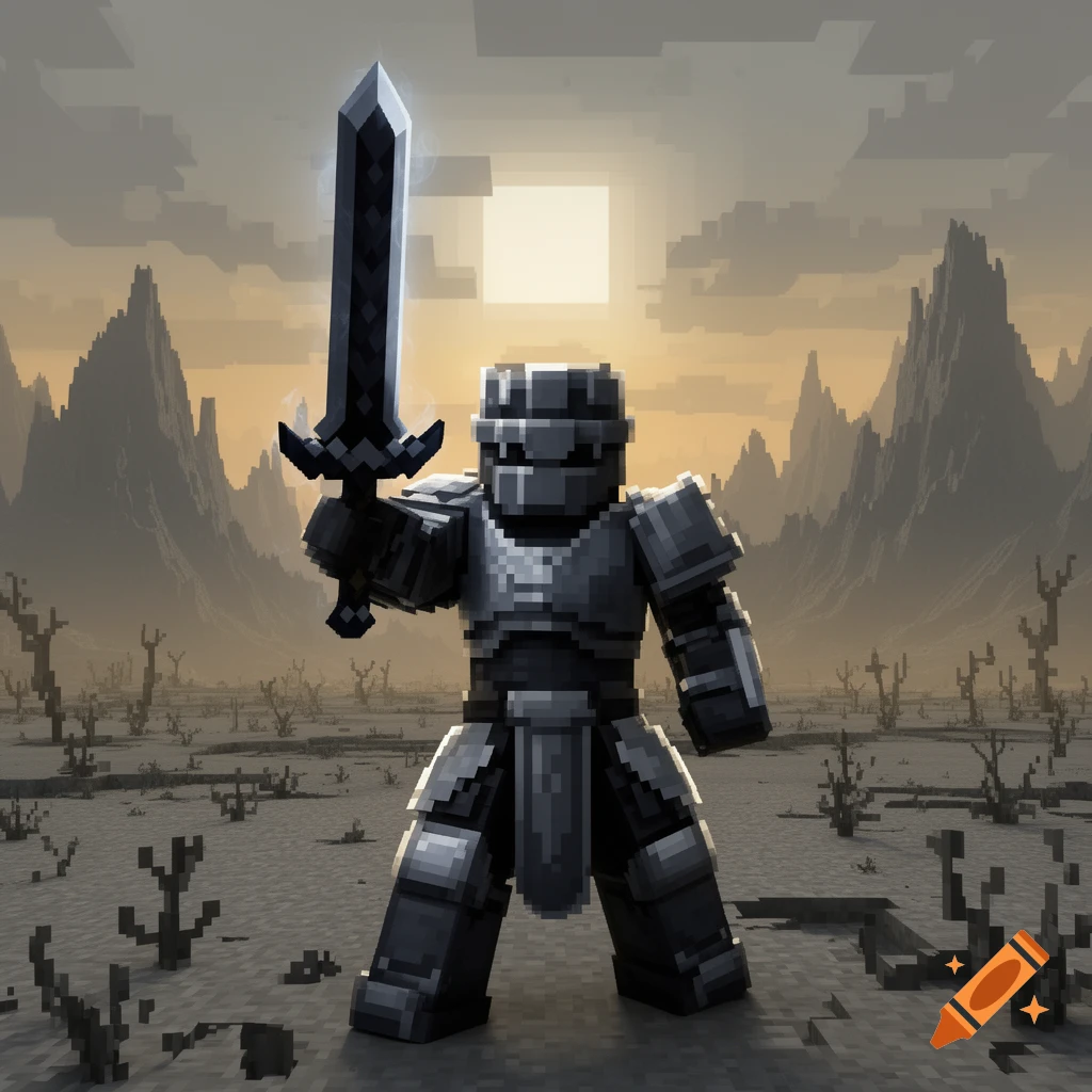 Minecraft-style warrior in blocky armor holding a glowing sword in a barren wasteland with mountains under a pale sun.