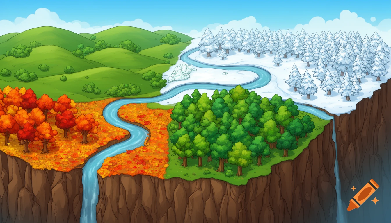 A cartoon 2D top-down fantasy map shows a river dividing four distinct quadrants: green hills, snowy forest, autumn forest, and summer forest, all bordered by cliffs.