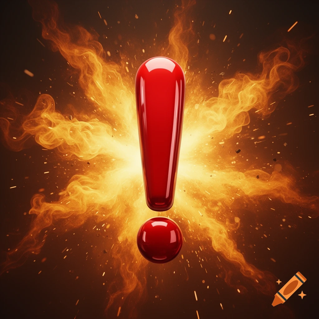 Glossy red exclamation mark erupting from a fiery explosion with sparks.