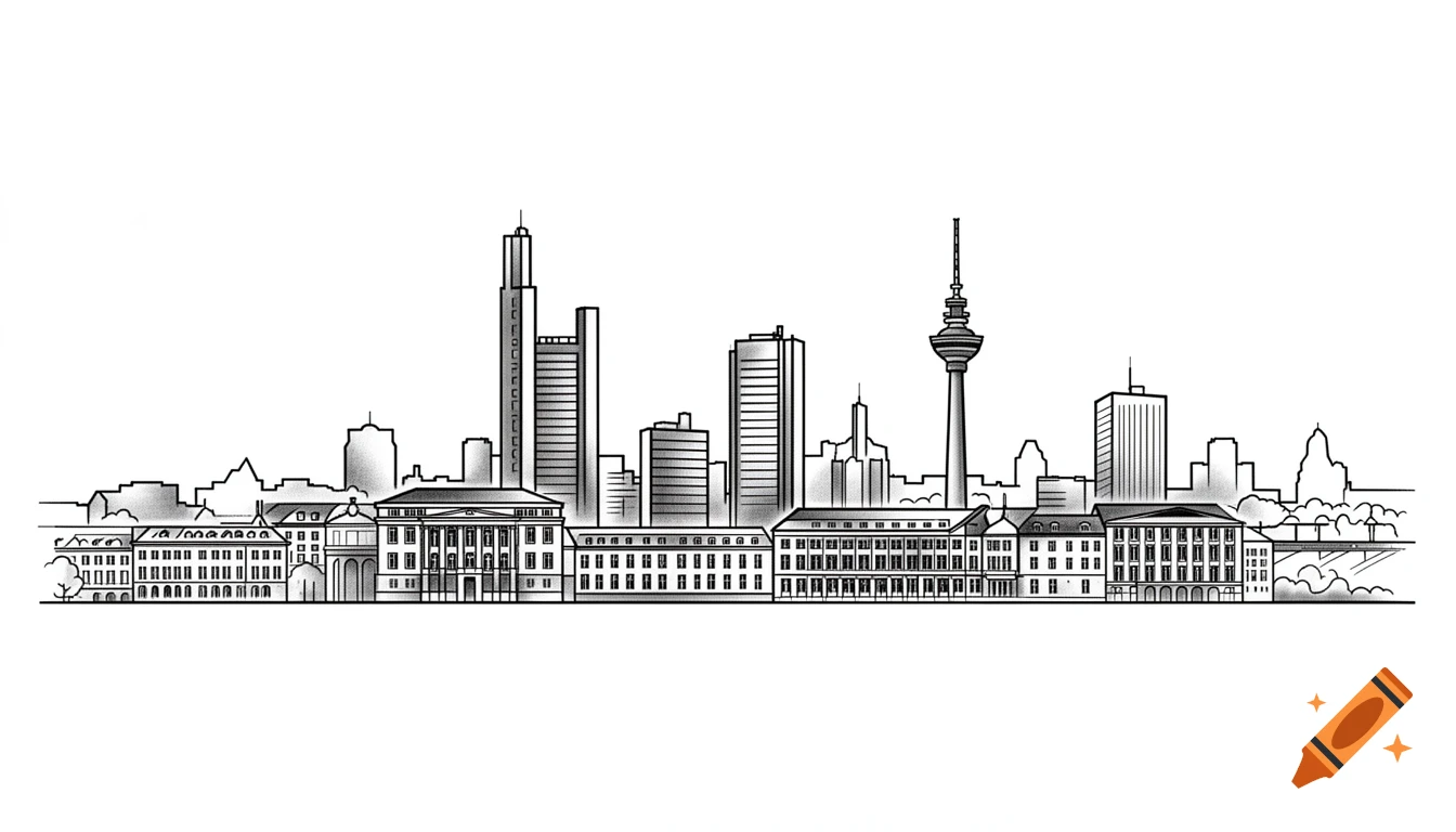 Black and white line art illustration of a city skyline featuring skyscrapers and classical buildings.