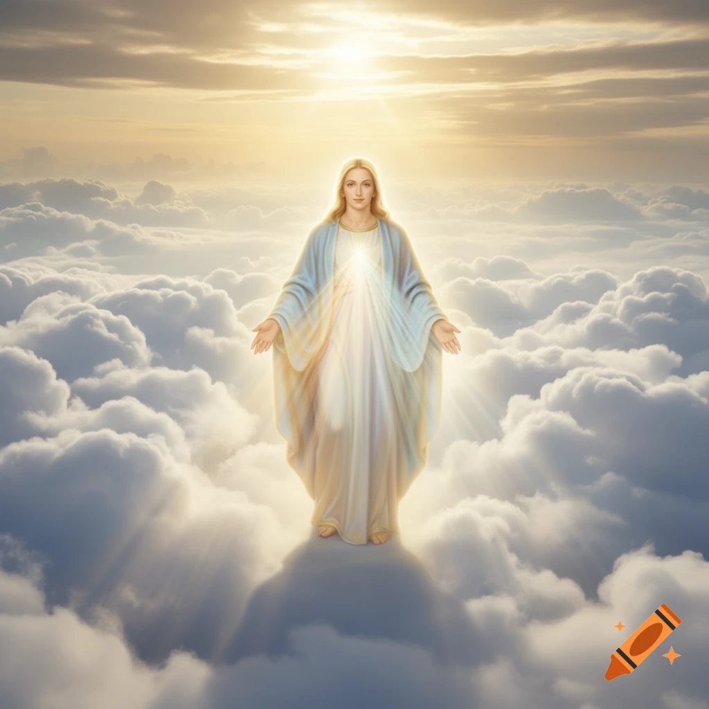 A radiant figure with long hair and flowing robes stands with open arms among fluffy clouds under a bright sunlit sky.