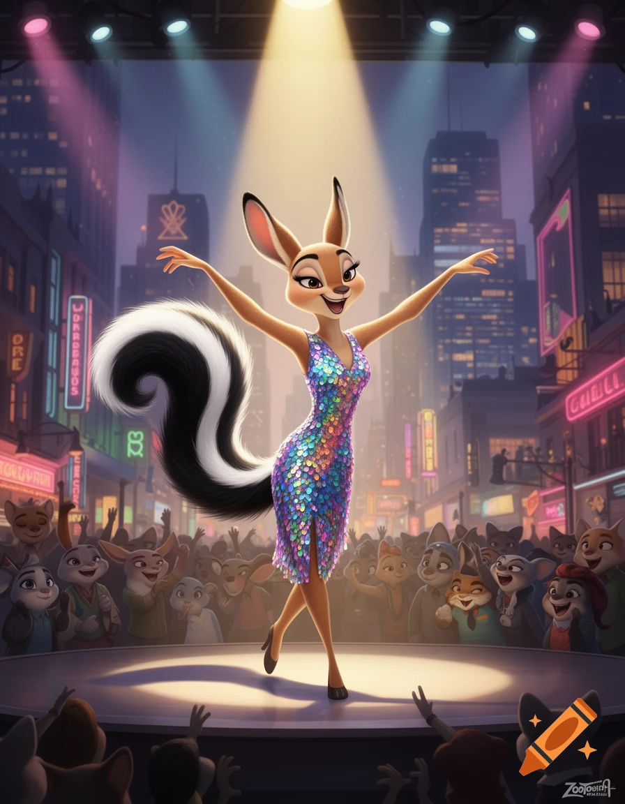 A cartoon anthropomorphic character with a skunk tail in a sequined dress performs on stage in a neon city, with an animal audience.