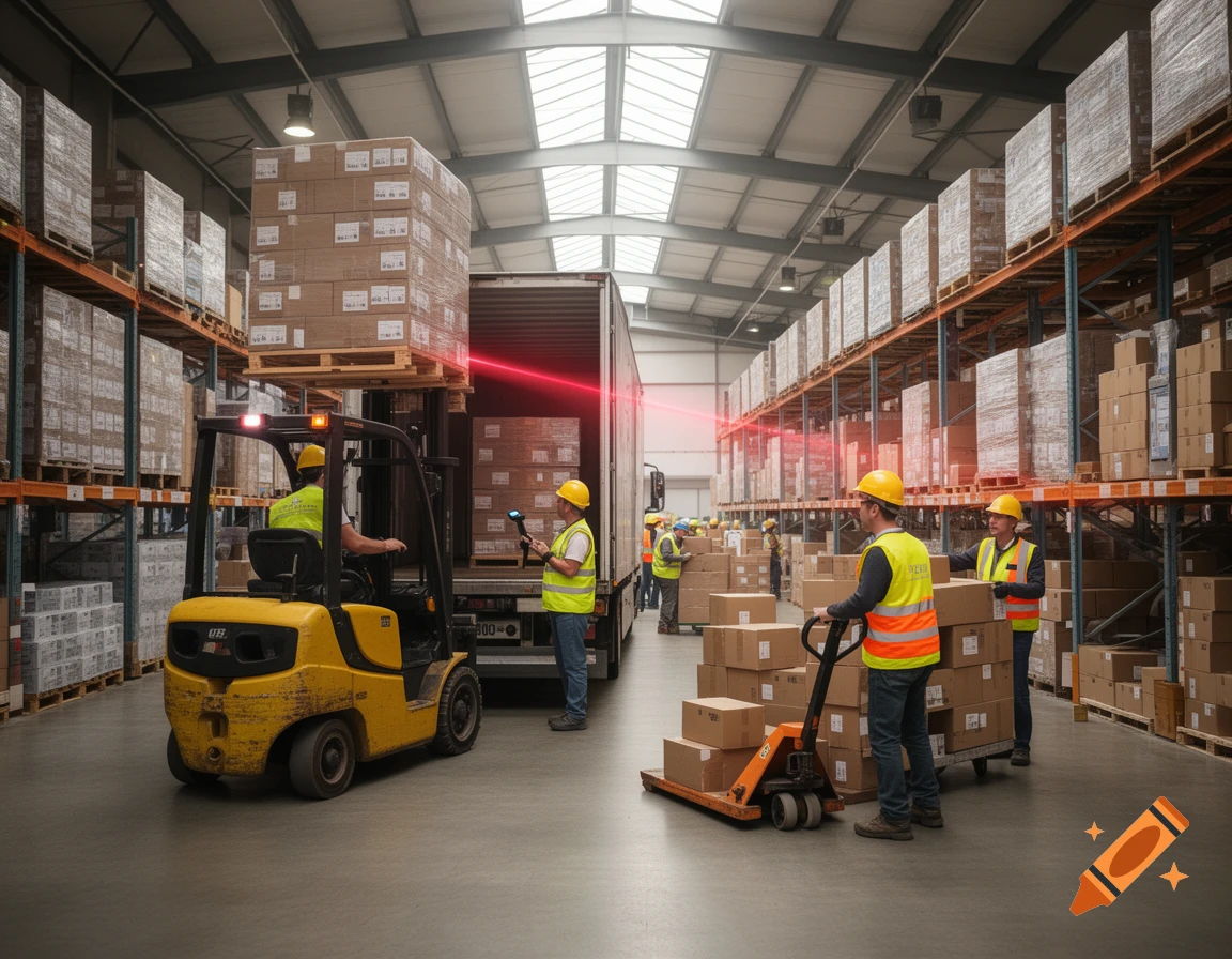 Workers in a large warehouse efficiently load and unload shipments from a truck using a forklift and pallet jacks.