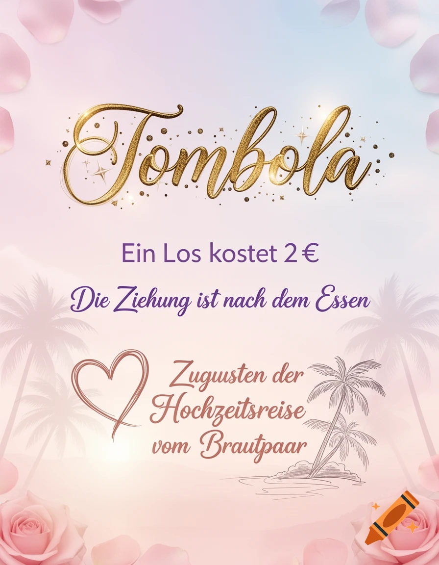 A wedding raffle poster with golden 'Tombola' text, palm trees, a heart, and pink roses.