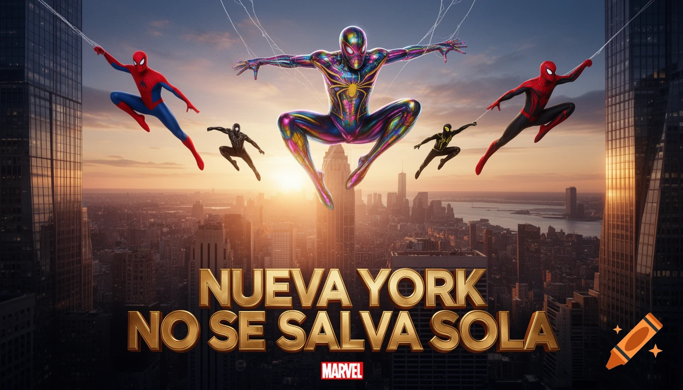 Multiple Spider-Man variants in action poses over a New York City skyline at sunset, with golden cinematic poster text.