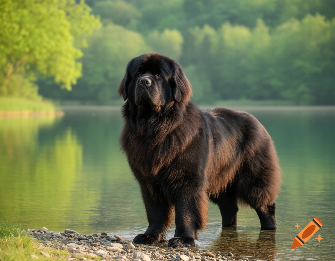 A majestic black Newfoundland dog stands in shallow water at the edge of a calm lake, with lush green trees in the background.