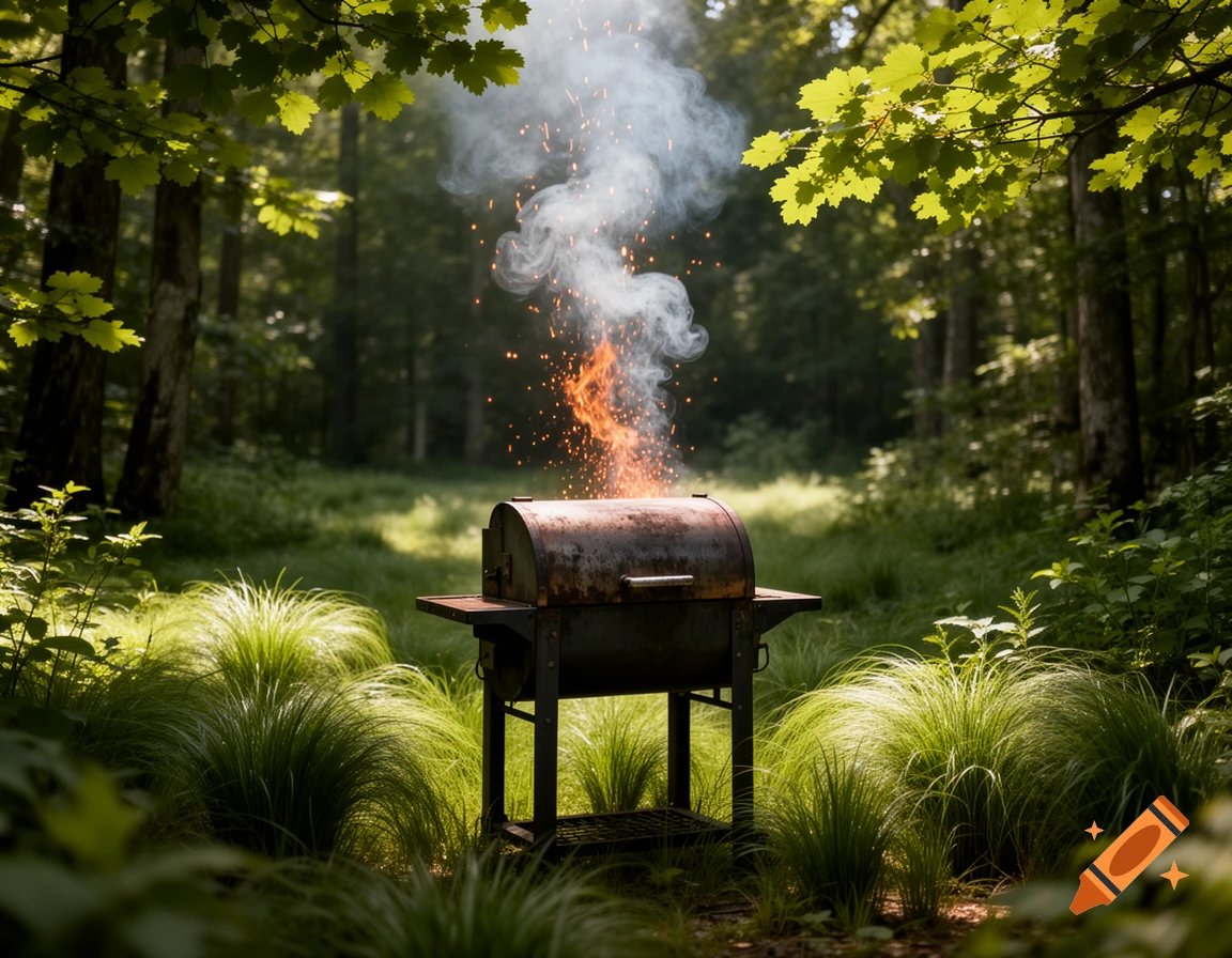 A rusty charcoal grill emitting smoke and sparks sits among tall green grass in a sunlit forest.