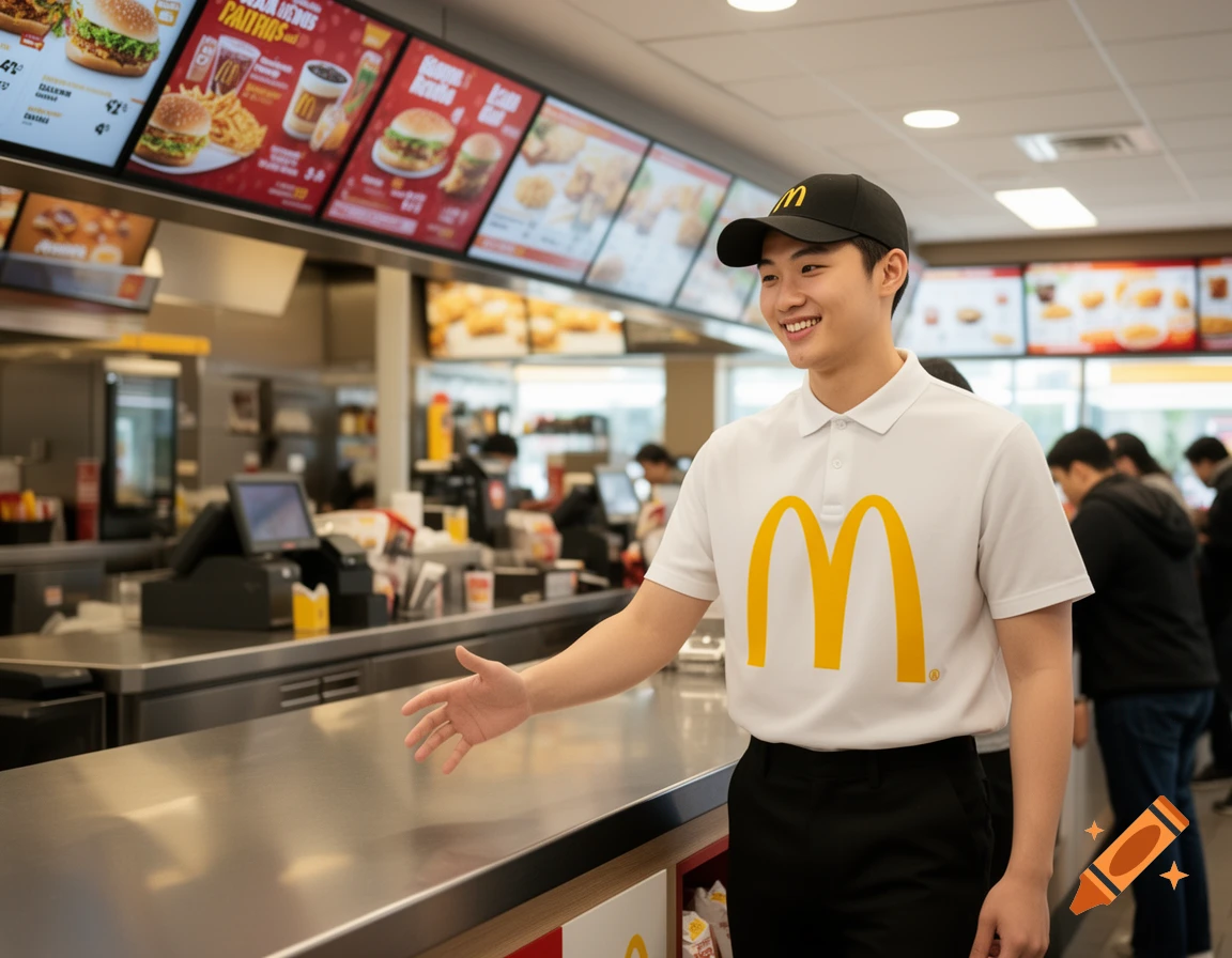 A smiling young Asian man in a McDonald's uniform extends his hand across a counter in a busy restaurant.