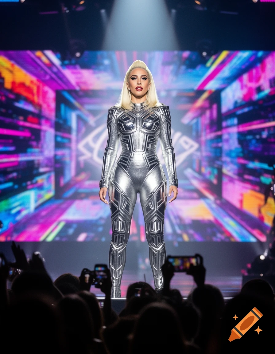 Lady Gaga on stage in a silver futuristic bodysuit, backed by a vibrant digital screen, performing for an audience.