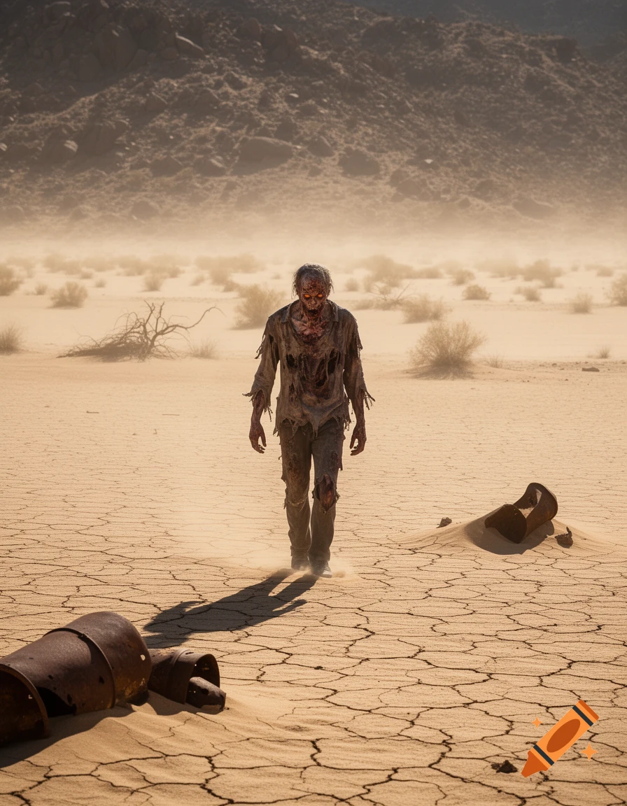 A decaying zombie in tattered clothes walks across a vast, cracked desert under a hazy sky.