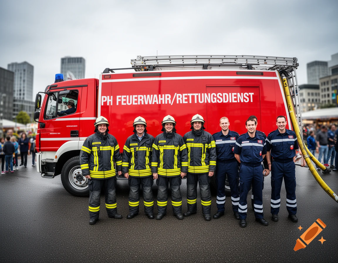 A group of firefighters in uniform stand in front of a red fire truck with "PH FEUERWEHR/RETTUNGSDIENST" on its side, in a city.