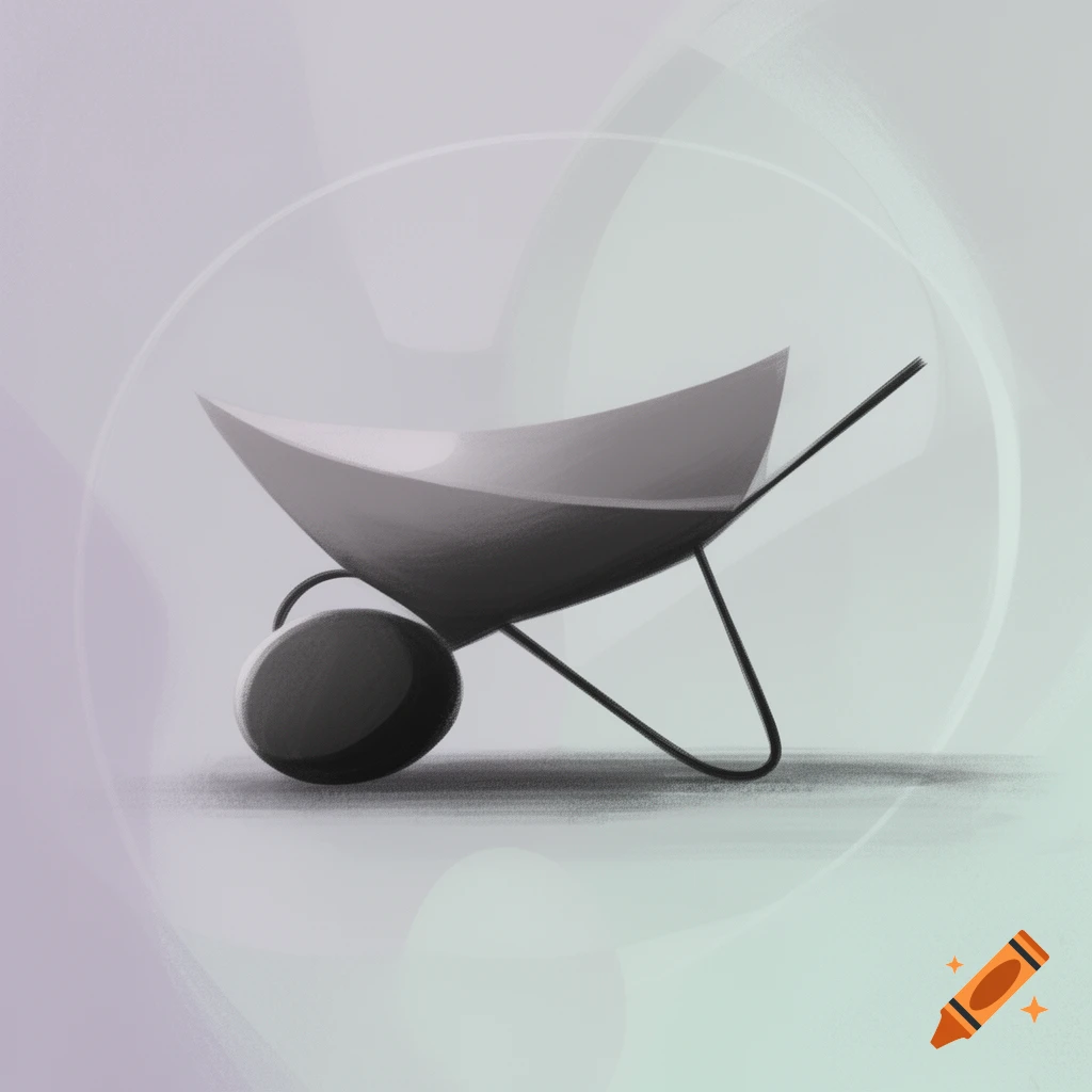 A simplified, abstract illustration of a wheelbarrow with a curved basin, a single large wheel, and thin frame, set against a soft, gradient background.