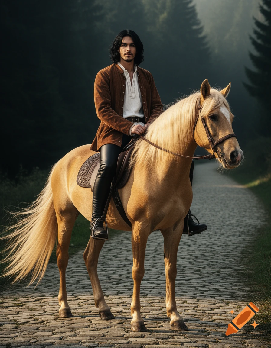 A man with dark hair, wearing a brown jacket and black pants, rides a palomino horse on a cobblestone path through a forest.