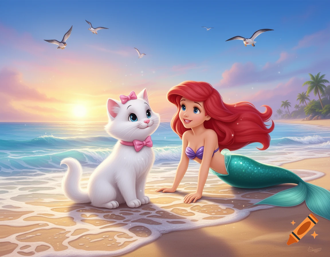 Cartoon Marie the cat and Ariel the mermaid on a sunny beach at sunset.